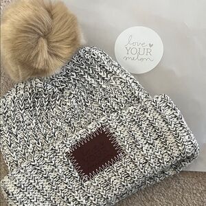 Love Your Melon Cream Knit Kid Beanie with Tan Pom
